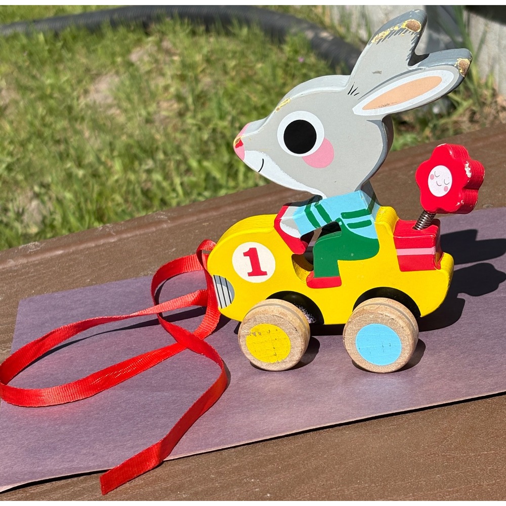 Djeco Wooden Pull Toy Kids Bunny Rabbit Race Car spring